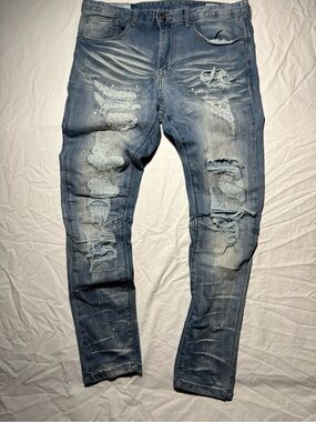 Smoke Rise Slim Fit Distressed Thrashed Splatter Paint Jeans Mens 32x30